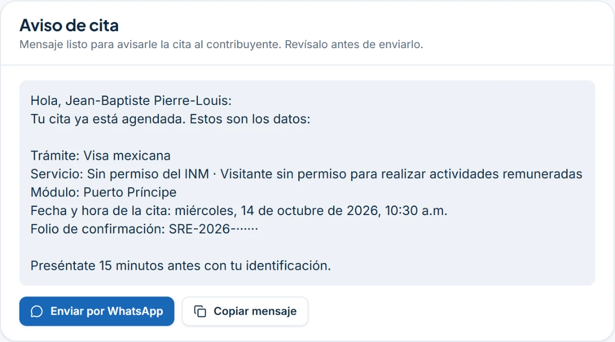 El aviso de la cita, listo para enviar al cliente por WhatsApp.
